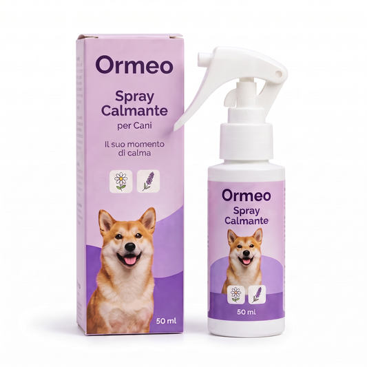 Ormeo Spray Calmante per Cani 50 ml - confezione e flacone su sfondo bianco, con camomilla e lavanda